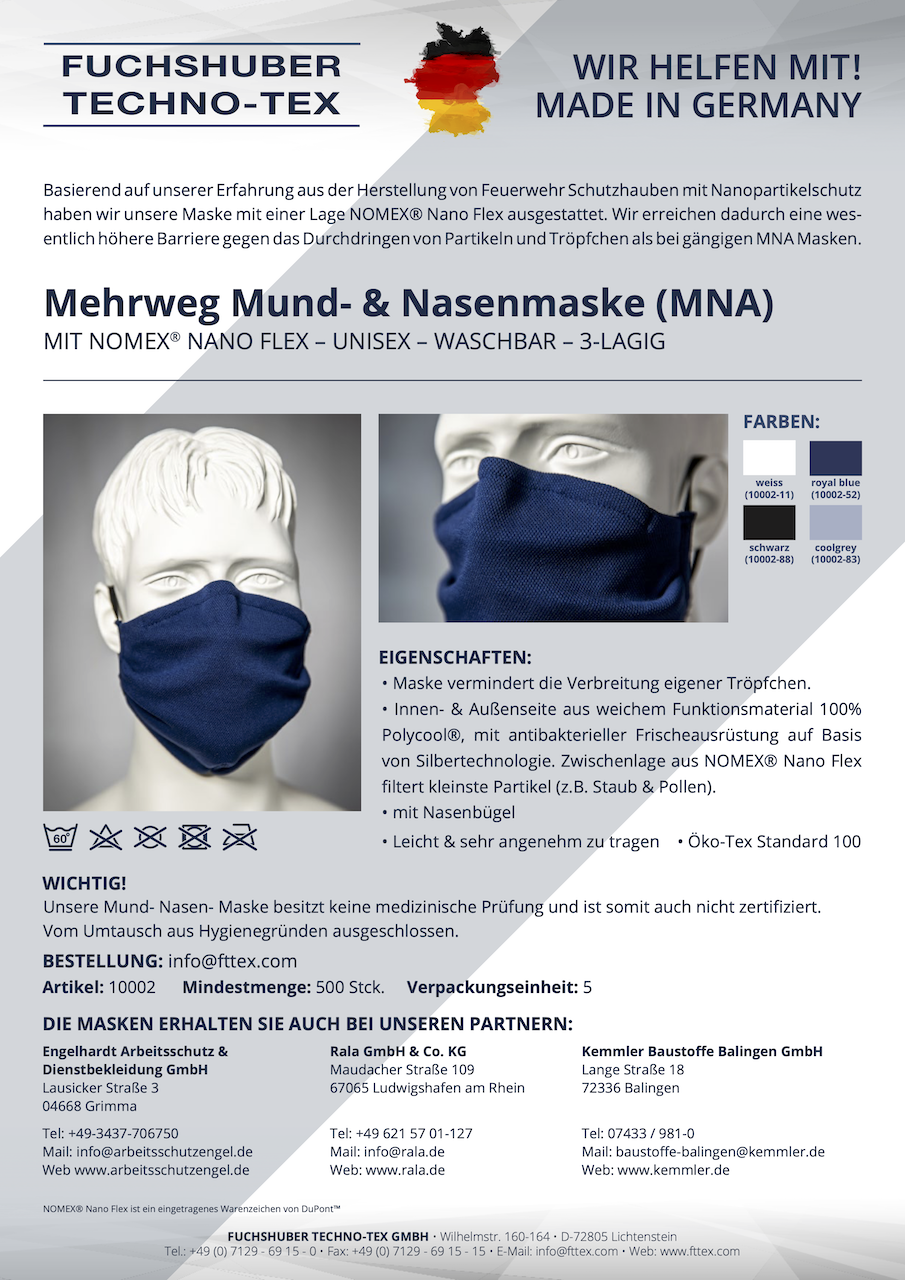 Hochwertige Mehrweg MNA Maske mit NOMEX® Nano Flex